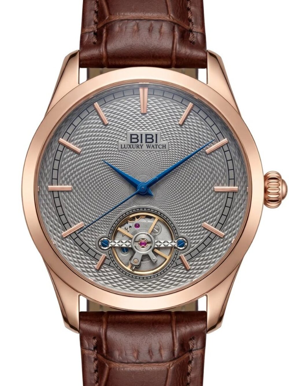BiBi-B1135 Rose gold case, grey dial, coffee leather strap